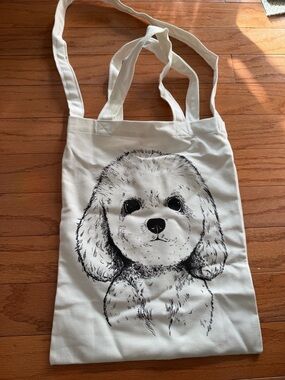 Cream Canvas Tote Bag with Black Puppy Illustration